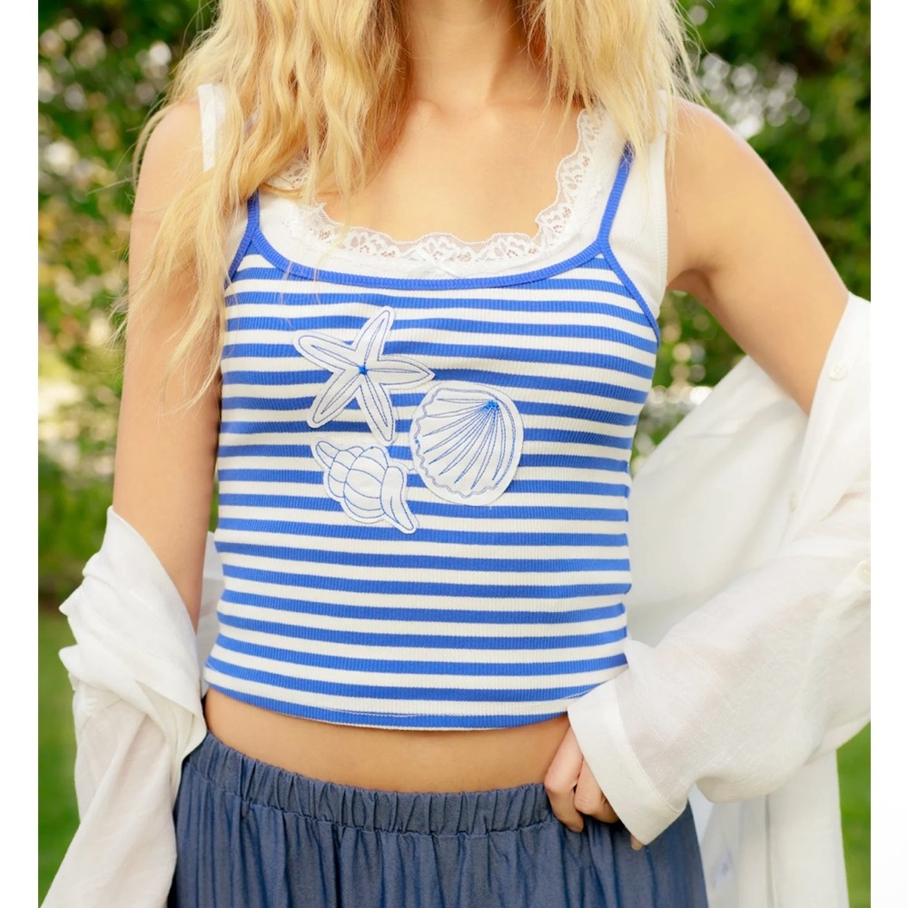 NEW HYFVE Blue Striped Shell Embroidered Tank Top Coastal Cami Beach Tank S M L